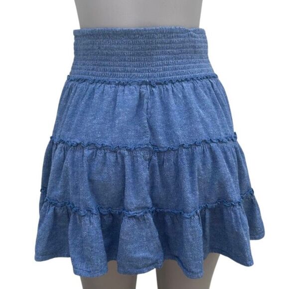 American Eagle Mini Skirt Women's Medium Blue Chambray Linen Blend Ruffle Tiered - Picture 3 of 10